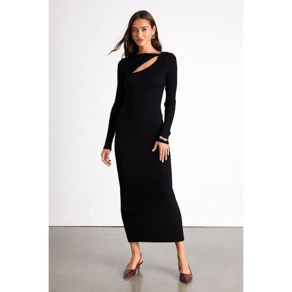 NWT Lulus Mattea Black Ribbed Cutout Long Sleeve Sweater Midi Dress - Size M